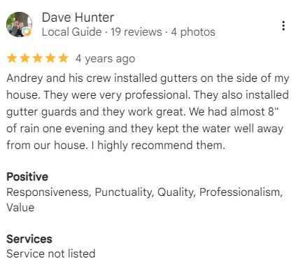 Google review of A&A Island Services by Dave Hunter: Andrey and his crew installed gutters on the side of my house. They were very professional. They also installed gutter guards and they work